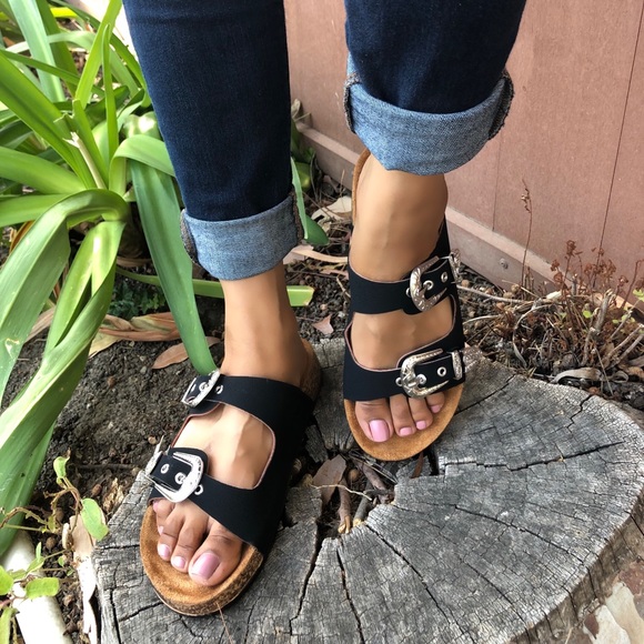 🆕BLACK WESTERN VEGAN DOUBLE STRAP SLIDES SANDALS - Picture 3 of 5